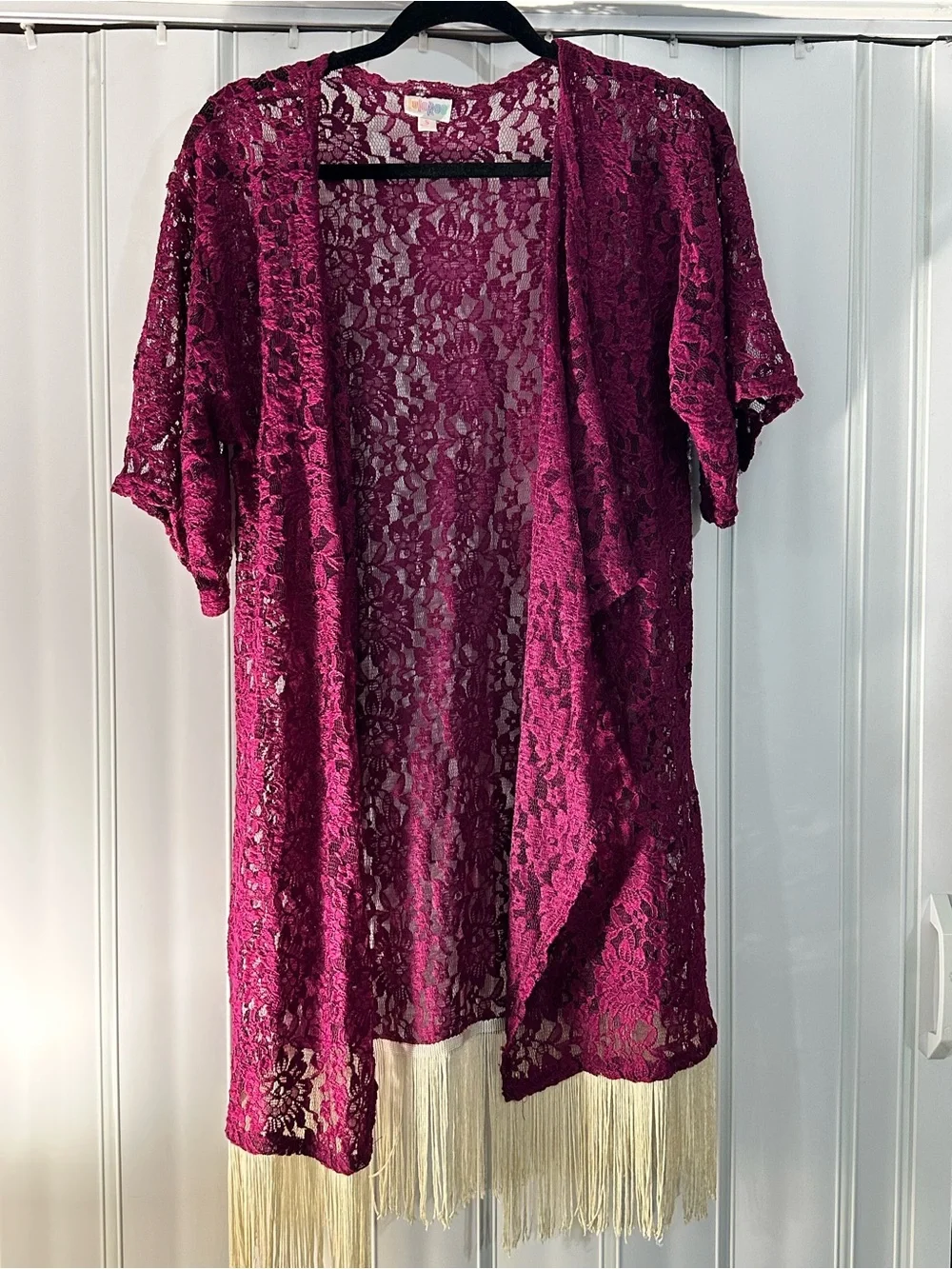 LuLaRoe Burgundy Lace Kimono with Fringe